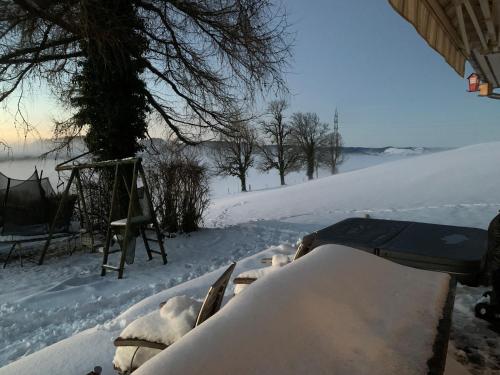 a yard covered in snow with a swing and a lake at Maison chez Louis in Asuel