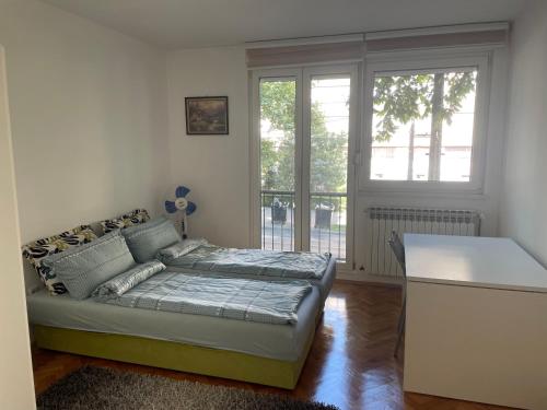 1 dormitorio con 1 cama, escritorio y ventanas en Amy apartment, en Sarajevo