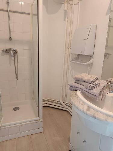 une salle de bain blanche avec une douche et un lavabo dans l'établissement Studio quai de Loire hyper centre local à vélo, à Saumur