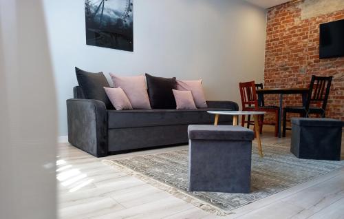 a living room with a black couch with pink pillows at Klaipeda city center apartment in Klaipėda