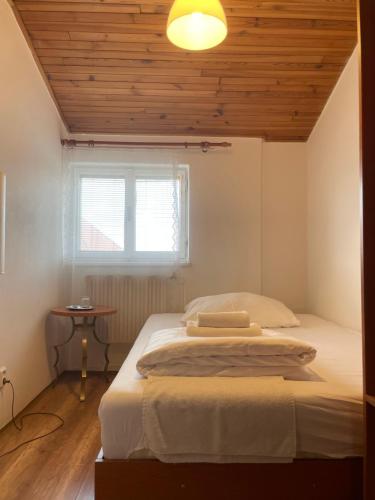a bedroom with a large bed with a wooden ceiling at Gallery Hotel SIS in Prague
