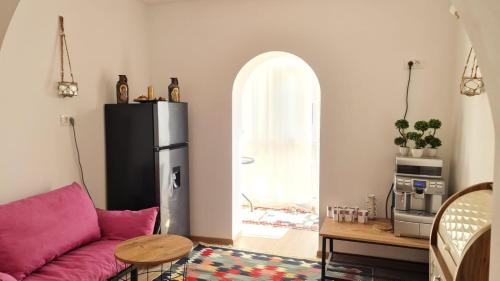 Una sala de estar con un sofá y un refrigerador. en Iulia Sulina Deluxe, en Sulina