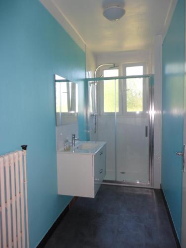 a bathroom with a white sink and a mirror at Pointers in Rostrenen