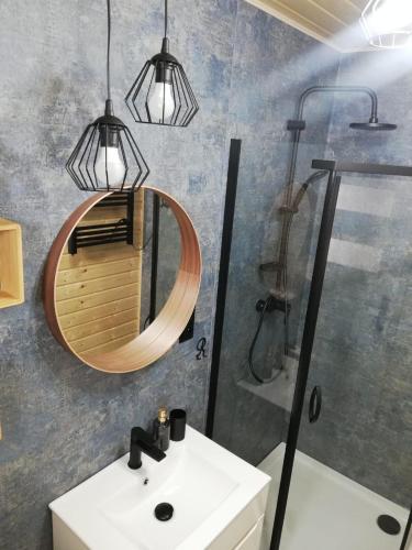 a bathroom with a sink and a mirror and a shower at DOMKI U STRAŻAKA GĄSKI -MORZE in Gąski
