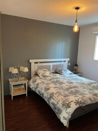 - une chambre avec un lit et une table de nuit avec deux lampes dans l'établissement Le Teich, appartement coeur de ville, au Teich