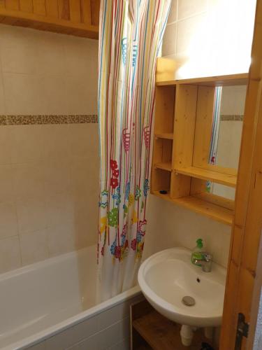 uma casa de banho com um lavatório e uma cortina de chuveiro em Résidence Alpinéa Mottaret, 2 à 4 pers em Méribel