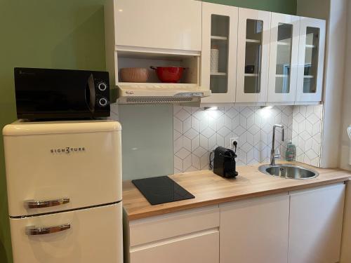 une petite cuisine avec un réfrigérateur et un évier dans l'établissement La Suite du Castillet, à Perpignan