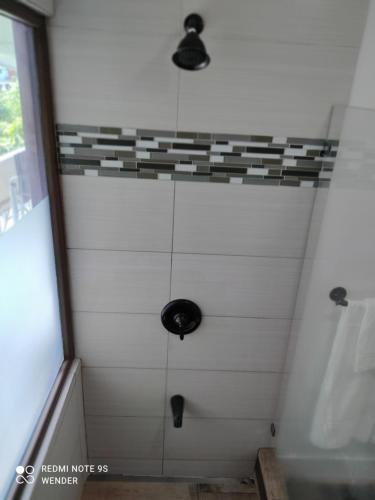 a shower with two lights in a bathroom at Green House by W. in Heredia
