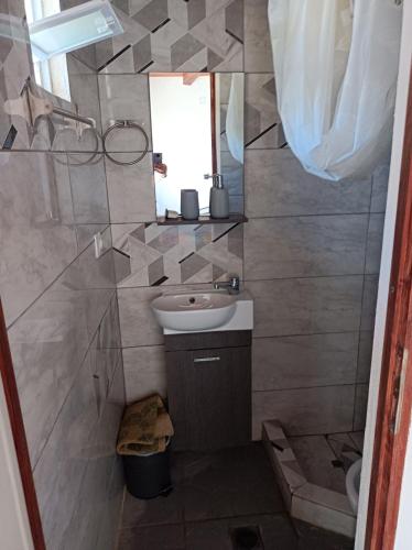 a small bathroom with a sink and a mirror at Aelia Kithnos in Kithnos