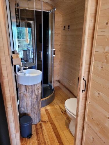 La salle de bains est pourvue de toilettes et d'un lavabo dans un arbre. dans l'établissement Roulotte Escapade nature à Morainville - Normandie, à Morainville-près-Lieurey