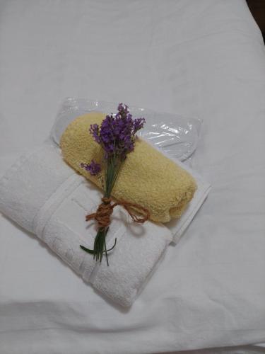 a towel with a bouquet of purple flowers on a table at ATRIUM Holiday home in Bihać