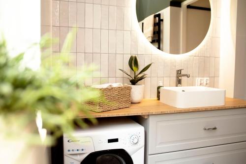 a bathroom with a sink and a washing machine at Czarny Dzięcioł in Tleń