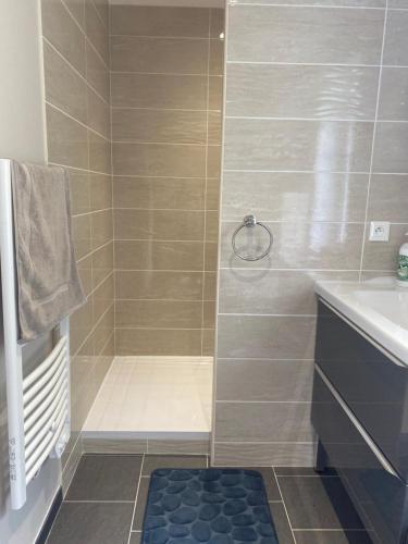 a bathroom with a shower with a tub and a sink at Logement au calme avec piscine en saison 