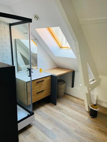 une salle de bain avec un lavabo et un miroir dans l'établissement Appartement Cosy en coeur de vieille ville, à Boulogne-sur-Mer