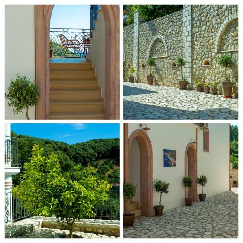 a collage of photos of a building with stairs and plants at Natura Luxury Suites Parga in Parga