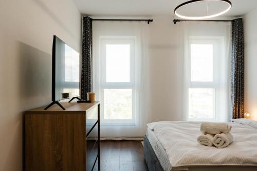 um quarto com uma cama, um espelho e uma cómoda em Apart B&V Qualis em Brasov
