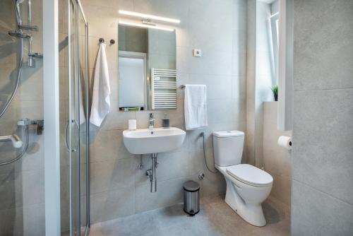 ein Bad mit einem WC, einem Waschbecken und einer Dusche in der Unterkunft Studio apartment Financial Park Belgrade in Belgrad