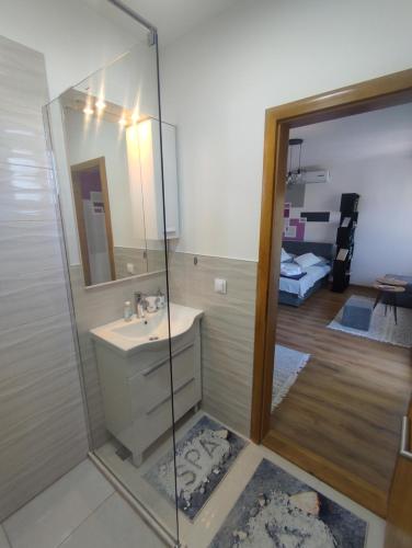 モスタルにあるLuna APARTMANIのバスルーム(洗面台、ガラス張りのシャワー付)
