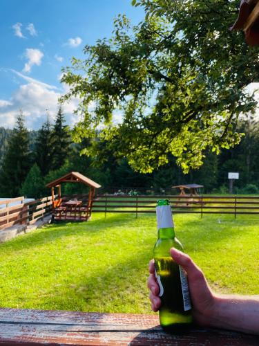 a person holding a bottle of beer in a field at Villa Montana Borsec - Vedere Munte in Borsec