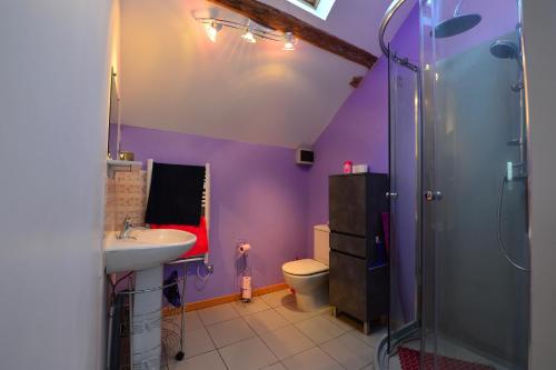 La salle de bains violette est pourvue d'un lavabo et d'une douche. dans l'établissement Gîte de la vallée, à Saint-Hilaire-la-Gravelle