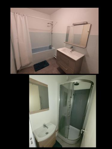 - deux photos d'une salle de bains avec toilettes et lavabo dans l'établissement Appartement T5 avec 4 lits doubles, à Brest