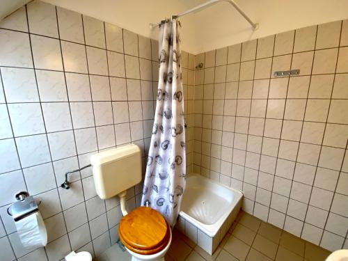 a bathroom with a toilet and a shower and a sink at Goldschmiedt Vendégház in Pálköve