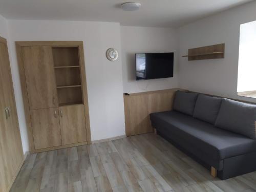 a living room with a couch and a flat screen tv at Ubytování na statku Račice in Račice