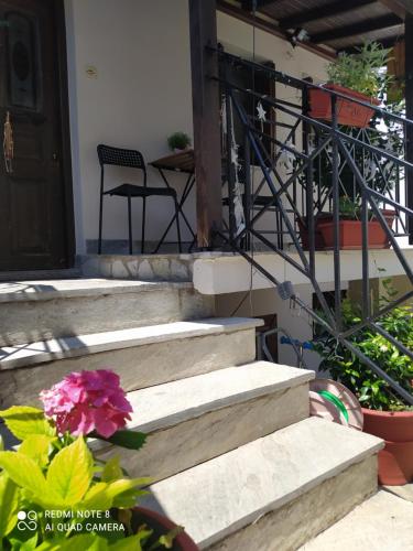 a set of stairs with potted plants in front of a house at Varousi.Traditional house in old town of Trikala 1 in Tríkala
