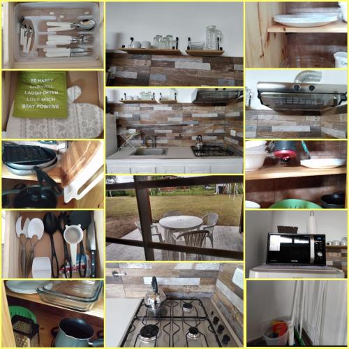 a collage of photos of a kitchen with a stove at Cabañas Matices del Lago in Villa Ciudad Parque