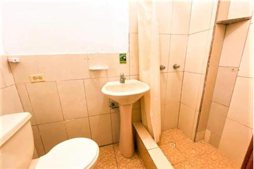 a small bathroom with a sink and a toilet at Galapagos Dove in Puerto Ayora