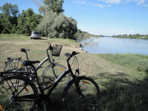 two bikes parked on the side of a river at Ferme de La poterie in Donnery