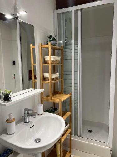 une salle de bain avec un lavabo et une douche dans l'établissement Superbe appartement neuf et cosy en centre ville, à Hyères