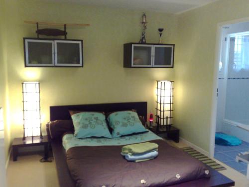 1 dormitorio con 1 cama con 2 lámparas y 2 cuadros en la pared en Villa Cendrillon, en Magny-le-Hongre