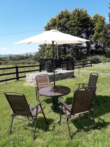 a table and chairs with an umbrella in the grass at Room in Apartment - 1 Bedroom In A Homely Home With A Lovely Farm 