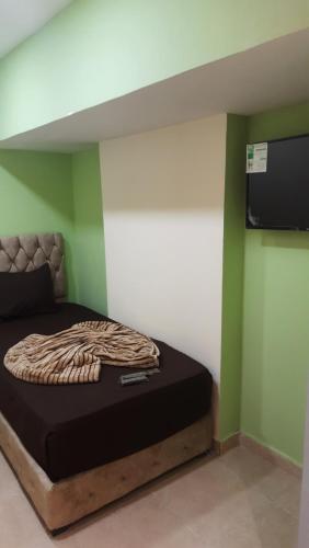 a bed in a room with a tv on the wall at Blue Eyes Hotel in Cairo