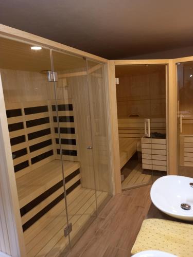 a bathroom with a shower and a sink at Apartments Tubej - Resort with wellness in Bohinj