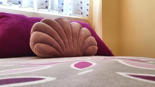 a brown pillow sitting on top of a bed at Piso familiar con amplia terraza 300m de la playa in Cullera