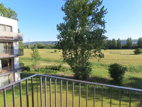 un balcón de una casa con un árbol y un campo en Mieszkanie przy Błoniach baza wypadowa na Rower, en Rumia