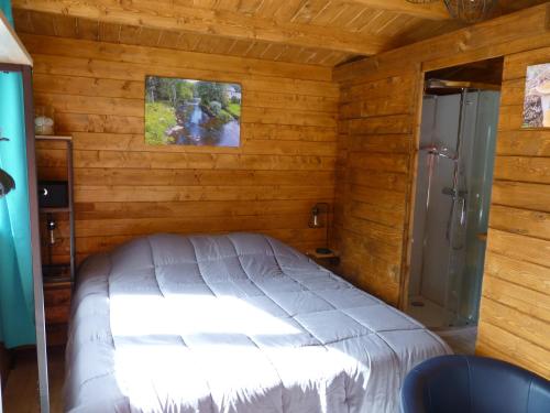 een slaapkamer met een bed en een douche bij Pied de Mouton in Comblessac