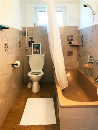 a bathroom with a tub and a toilet and a sink at Nest Apartman in Balatonszárszó