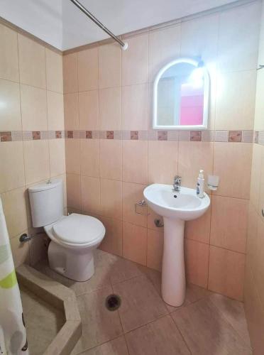 a bathroom with a toilet and a sink at Dina's Apartment in Himare