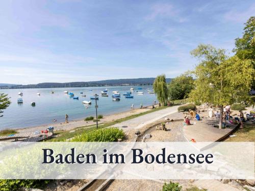 a collage of photos of a beach with boats in the water at Liggeringen in Radolfzell am Bodensee