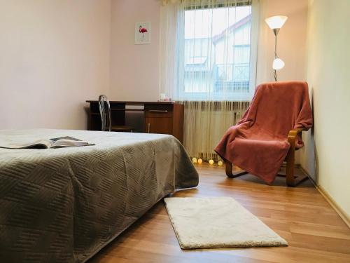 - une chambre avec un lit, une chaise et un bureau dans l'établissement Festival Apartment, à Carolinensiel
