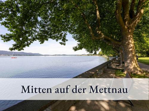 un albero vicino all'acqua con il testo artistico della cucina der metkun di Große moderne Ferienwohnung in bester Bodenseelage l 1 Minute zum Bodensee l 2 Zimmer l Vollausgestattete Küche l Sonnenbalkon l WLAN l Willkommen im Apartment Güttingen a Radolfzell am Bodensee