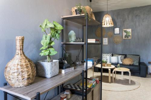 a living room with a shelf with plants and a couch at Armiriki in Lixouri