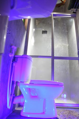 a bathroom with a pink toilet in front of a window at Sinharaja Forest Edge in Deniyaya