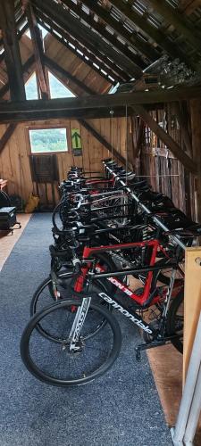 grupa rowerów zaparkowanych w garażu w obiekcie Chambre d'hotes le cycliste w mieście La Chapelle