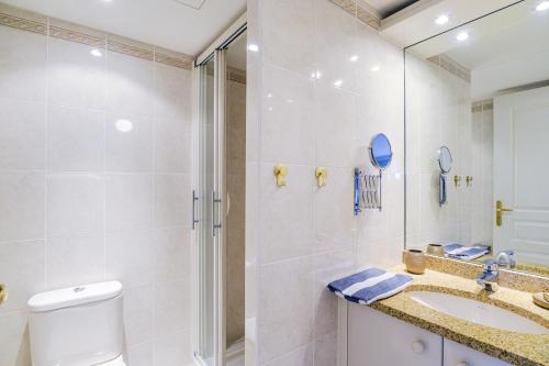 une salle de bain avec une douche, des toilettes et un lavabo dans l'établissement Le Lido - Piscine, proche plage, à Cagnes-sur-Mer