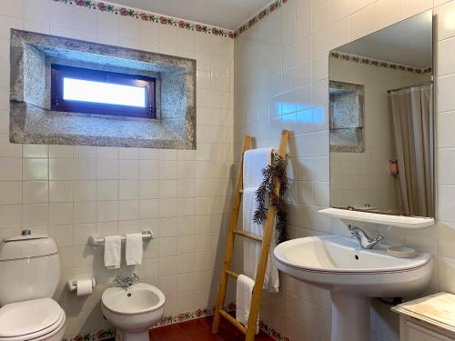un bagno con un water, un lavandino e uno specchio di Quinta da Boa Viagem a Viana do Castelo