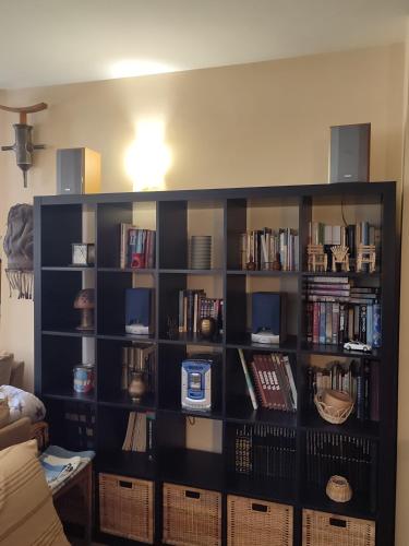 a black book shelf filled with books at La Launa apartamento rural in Trevélez